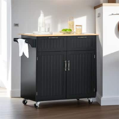 41" Modern Rolling Kitchen Island, Utility Cart with Rubberwood Top