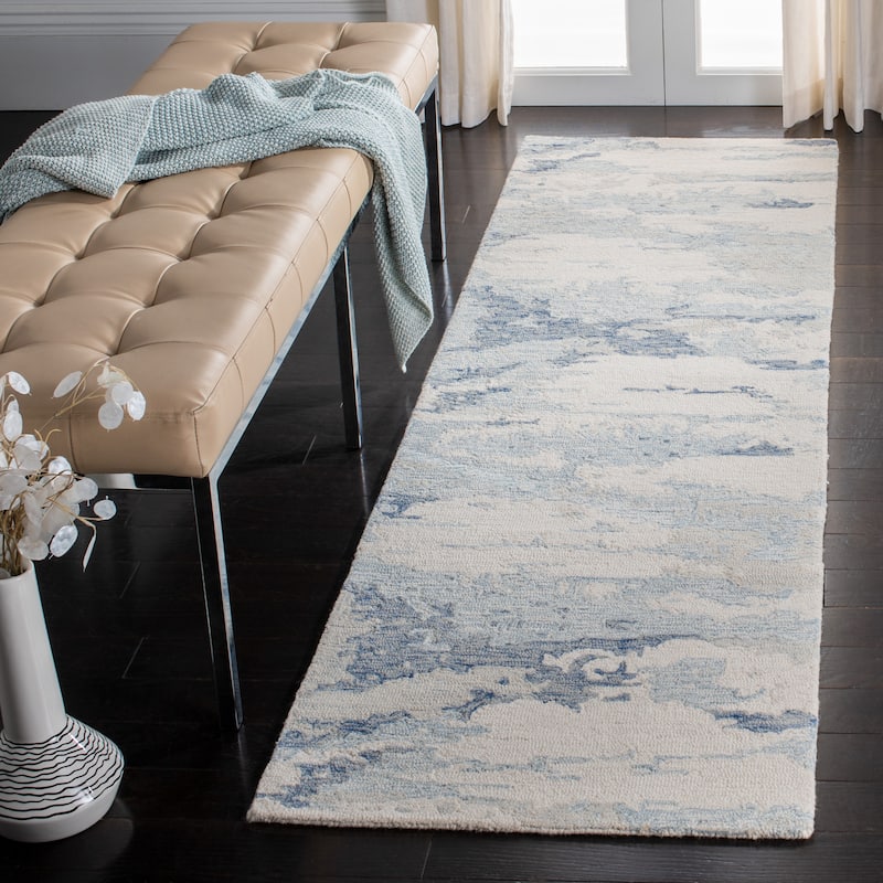 SAFAVIEH Handmade Abstract Kotoko Contemporary Wool Rug - 2'3" x 16' Runner - Ivory/Blue