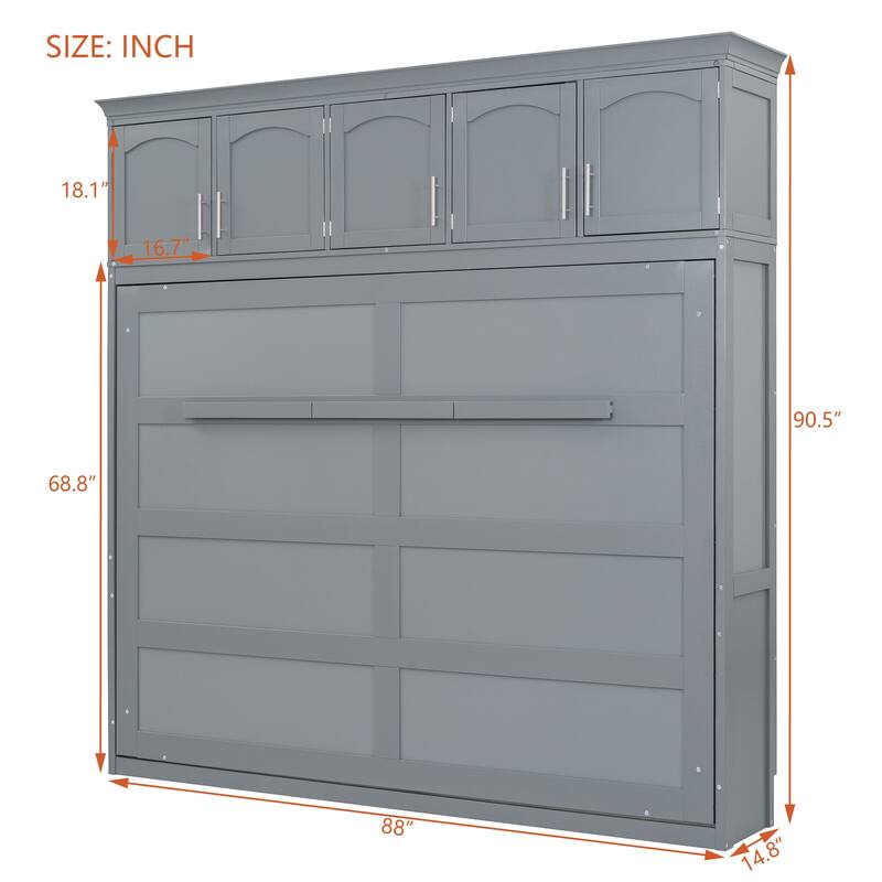 Queen Size Murphy Bed Hide Away Bed with Top Cabinets, Grey
