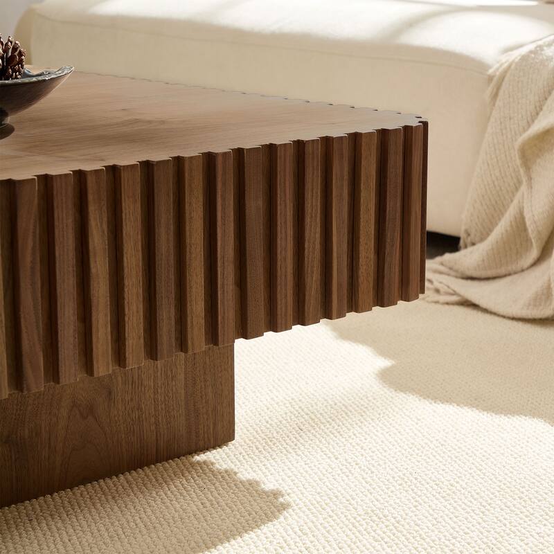 Small Accent Table Wooden Coffee Table Square Pedestal Base Center Table with Side Fluted Design and Wood Grain Veneer