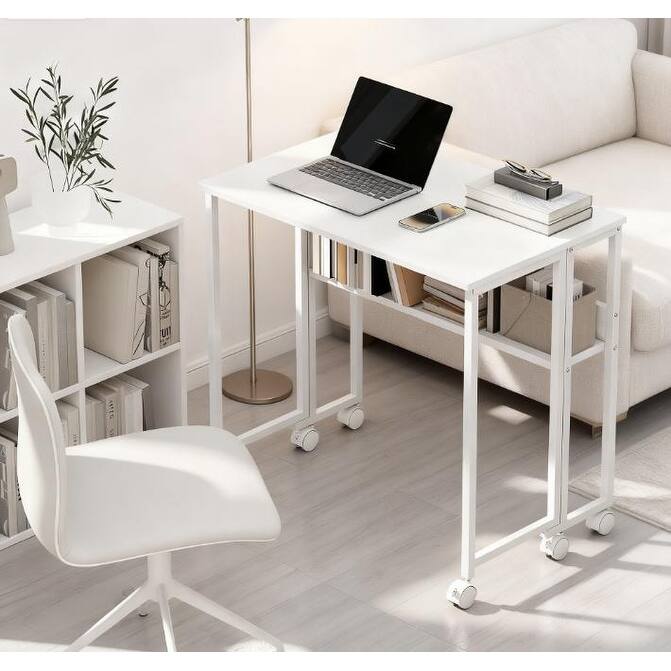Folding Computer Desk,with Storage Bag, Shelf and Wheels for Small Spaces, Home Office - White