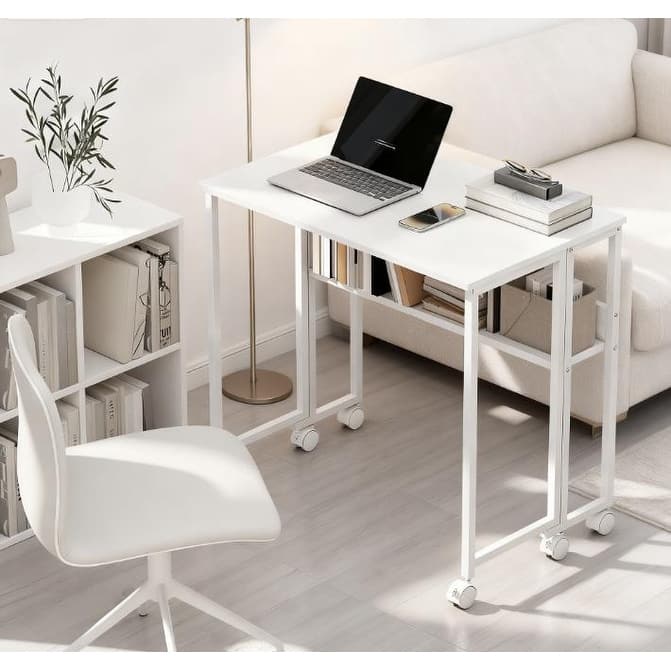 Folding Computer Desk,with Storage Bag, Shelf and Wheels for Small Spaces, Home Office