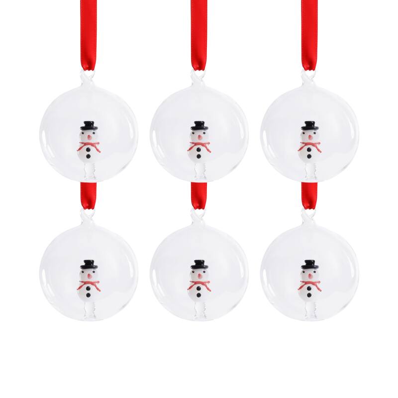 Clear Glass Ball Ornaments with Holiday Snowman Motif, Set of 6, 3.25"