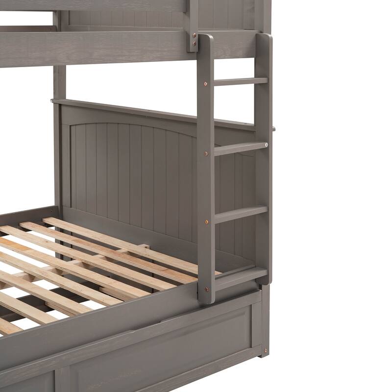 Full Over Full Size Wood Bunk Bed with Trundle Bed & Safety Guardrail, Solid Wood Bunkbed Frame for Guests, No Box Spring Needed