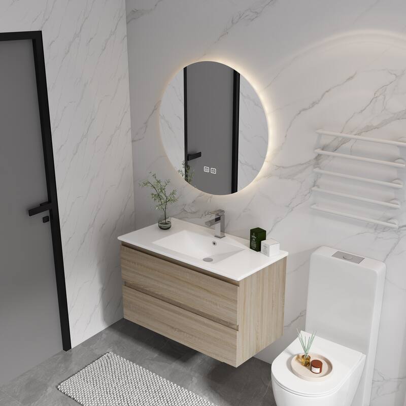 24" Floating Bathroom Vanity with Ceramic Basin, 2 Soft-Close Drawers, Eco-Friendly Plywood Construction
