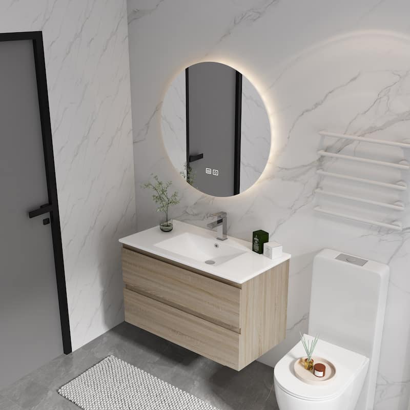 36" Wall-Mounted Bathroom Vanity With Ceramic Sink, 2-Soft Close Drawers