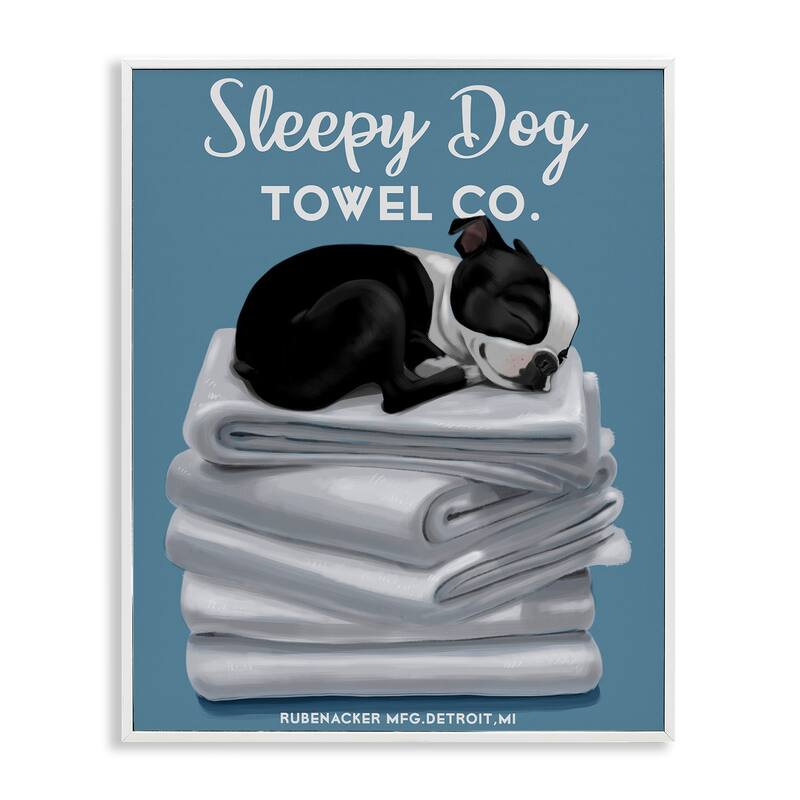 Stupell Sleepy Dog Towel Co. Adorable Boston Terrier Bathroom Framed Wall Art - 16 x 20 - White