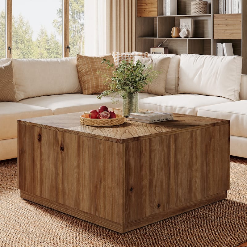Solid Wood Coffee Table for Living Room, Farmhouse Square Accent Center Cocktail Table - Brown