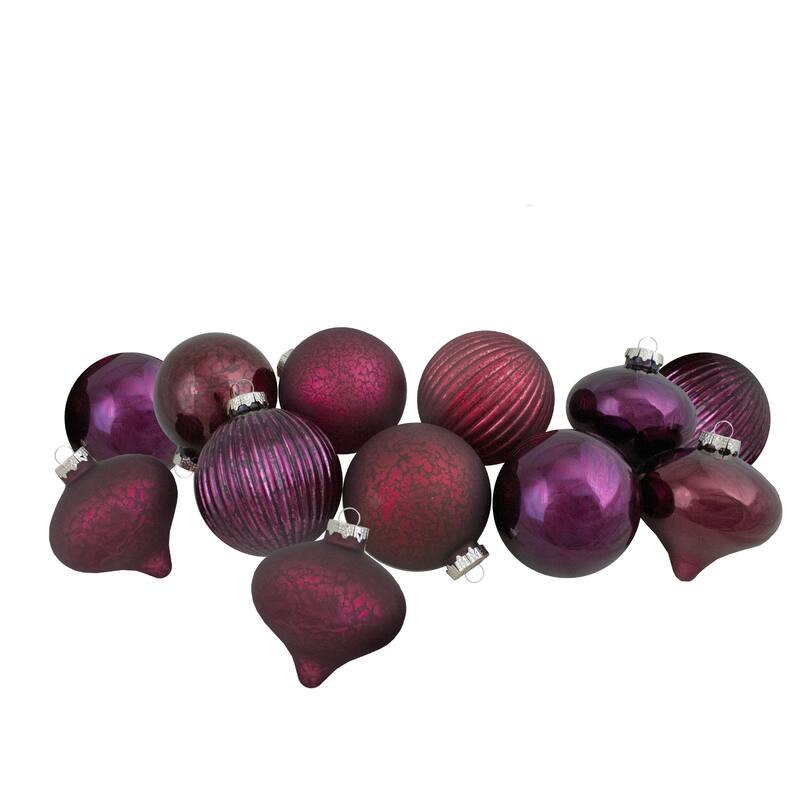Finial and Glass Ball Christmas Ornaments - Burgundy and Purple - Set of 9