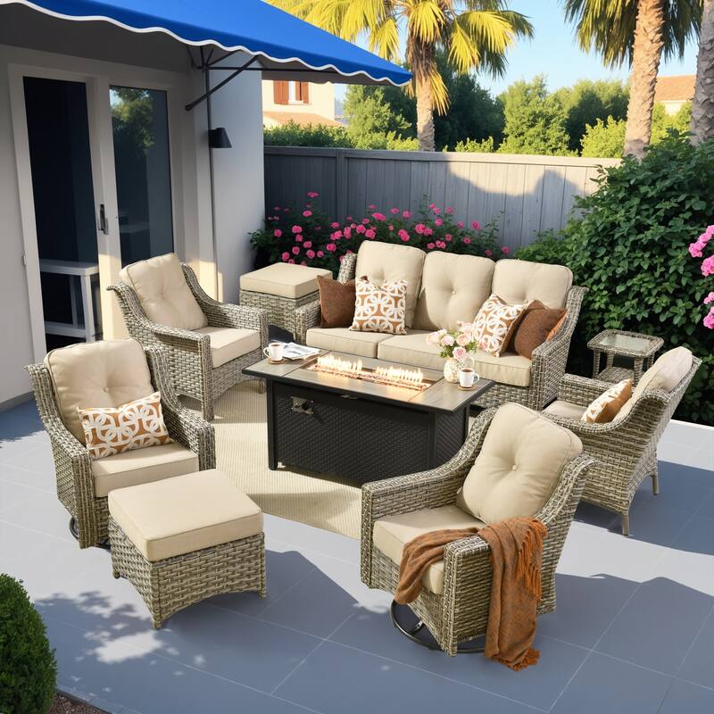 HOOOWOOO 9-piece Rattan Outdoor High Backrest Swivel Chair Set with 54"Fire Pit - Beige