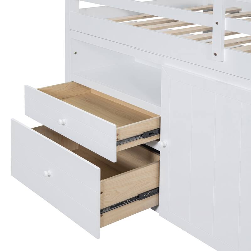 Twin Low Loft Bed Solid Wood Kids Bed Frame Storage Function Loft Bed with Cabinet and 4 Drawers No Box Spring Needed - White