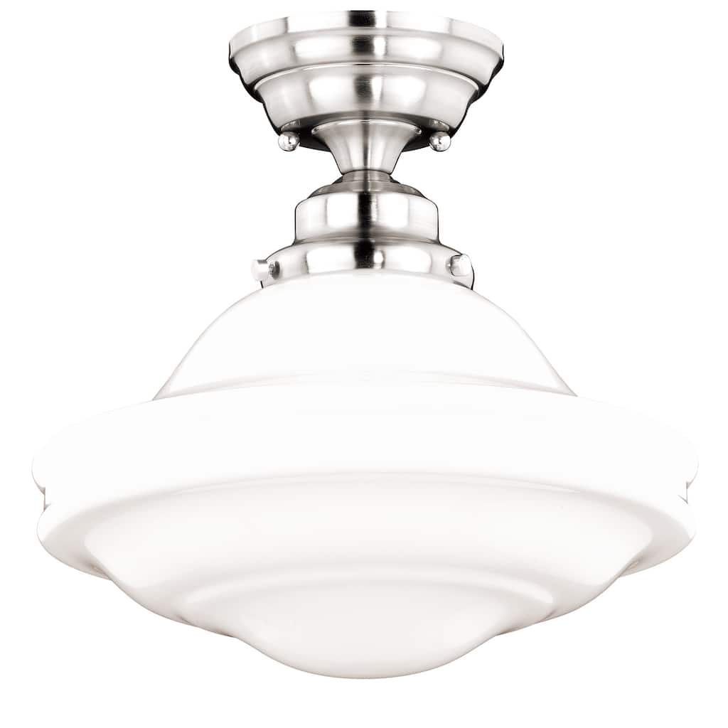 Semi Flush Mount Ceiling Light - Satin Nickel Finish, White Glass Shade - Modern Farmhouse Lighting - 11.75