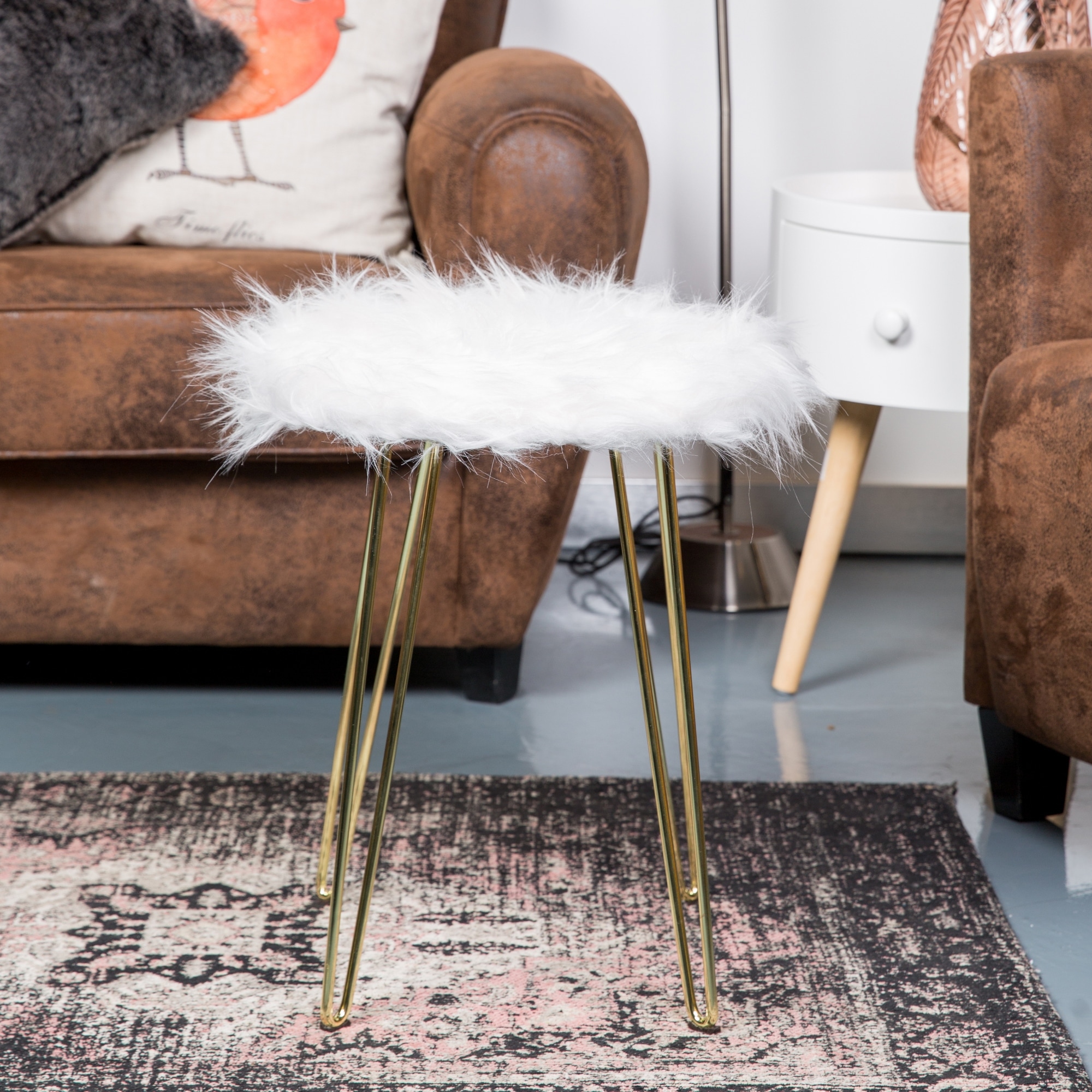 White fuzzy stool with gold legs deals