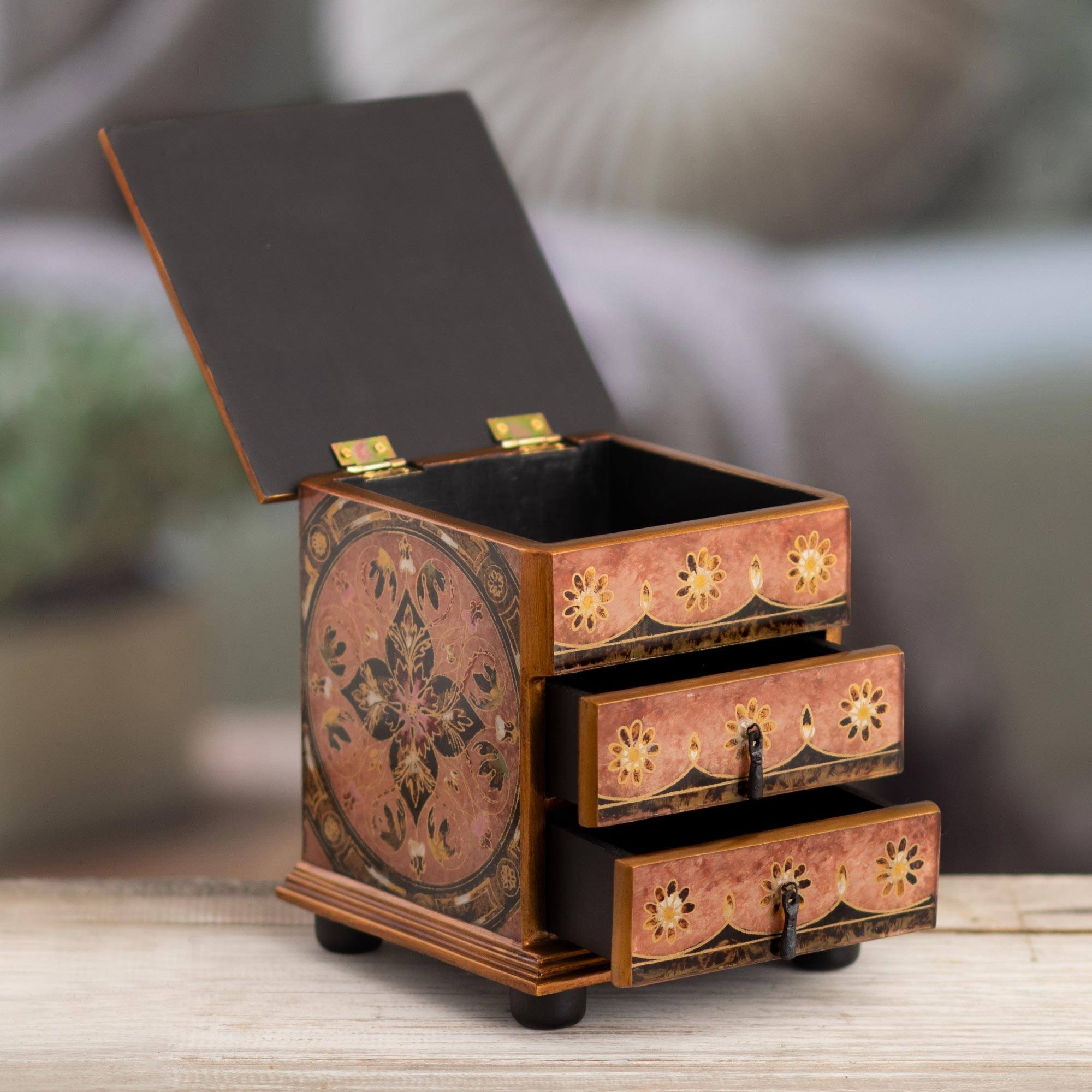 Novica Handmade Small Flower Reverse Painted Glass Jewelry Box Bed