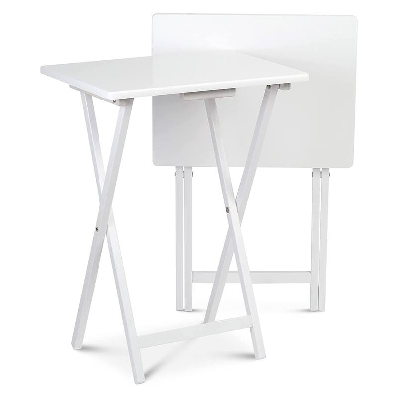 PJ Wood Solid Wood Compact Folding TV Tray and Snack Tables, White, 2 Piece Set - 18.44