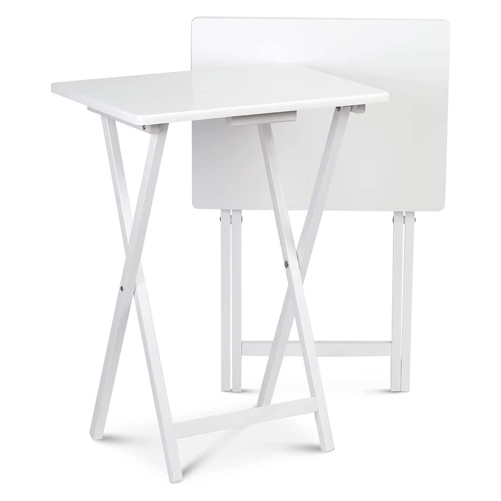 PJ Wood Solid Wood Compact Folding TV Tray and Snack Tables, White, 2 Piece Set - 18.44