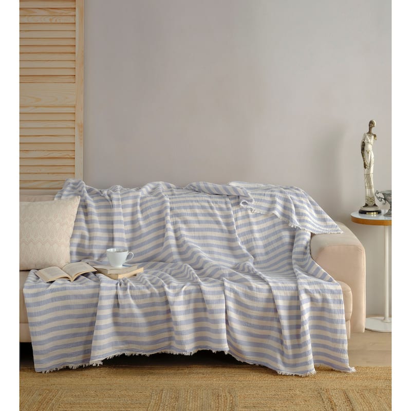 KAFTHAN Textile Muslin White with Stripes Striped Cotton Full Coverlet - White with Baby Blue Stripes