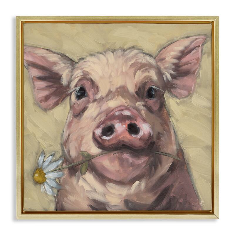 Stupell Pig Holding Daisy Sprig Framed Floater Canvas Wall Art Design By Sara G. Designs - 18 x 18 - Gold