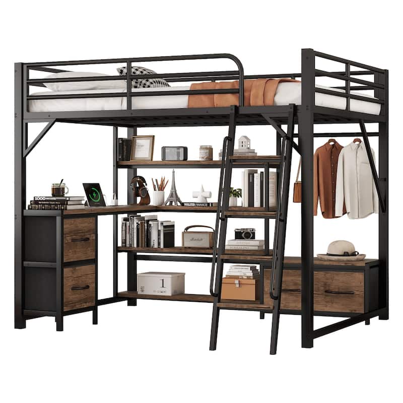Loft Bed with Desk,Light,Storage Shelves and Drawers