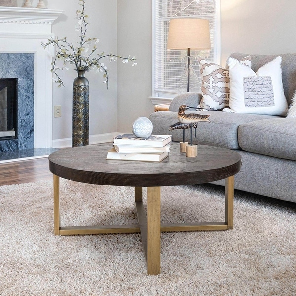 Overstock 36 inch Rustic Round Wood Coffee Table Hammered Cross Legs Gold Finish Metal for Living Room D36 x H16