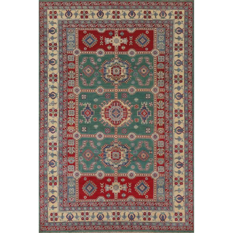 Hand Knotted Oriental 100% Wool Carpet Traditional Geometric Green Kazak Area Rug - 9' 9'' X 6' 7''