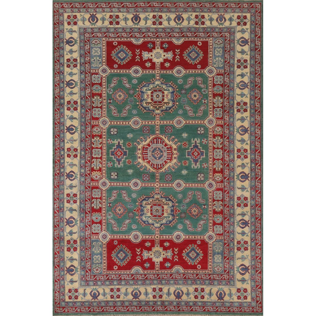 Hand Knotted Oriental 100% Wool Carpet Traditional Geometric Green Kazak Area Rug - 9' 9'' X 6' 7''