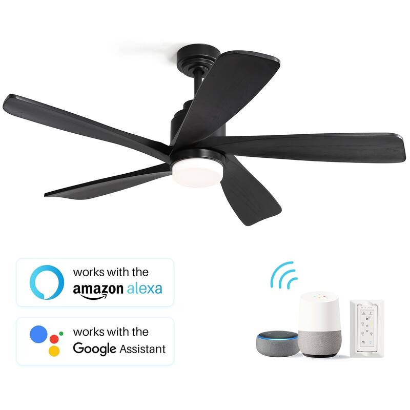 Sofucor 52 inch Solid Wood Flush Mount Ceiling Fan with Lights and Remote, Compatible with Alexa/Google/App, Quiet DC Motor - Black with Black Blades - 52 Inches