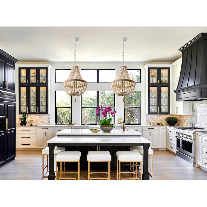 Retro Vintage 4-Light Wood Beaded Pendant Bohemian Home Decor For Kitchen Island
