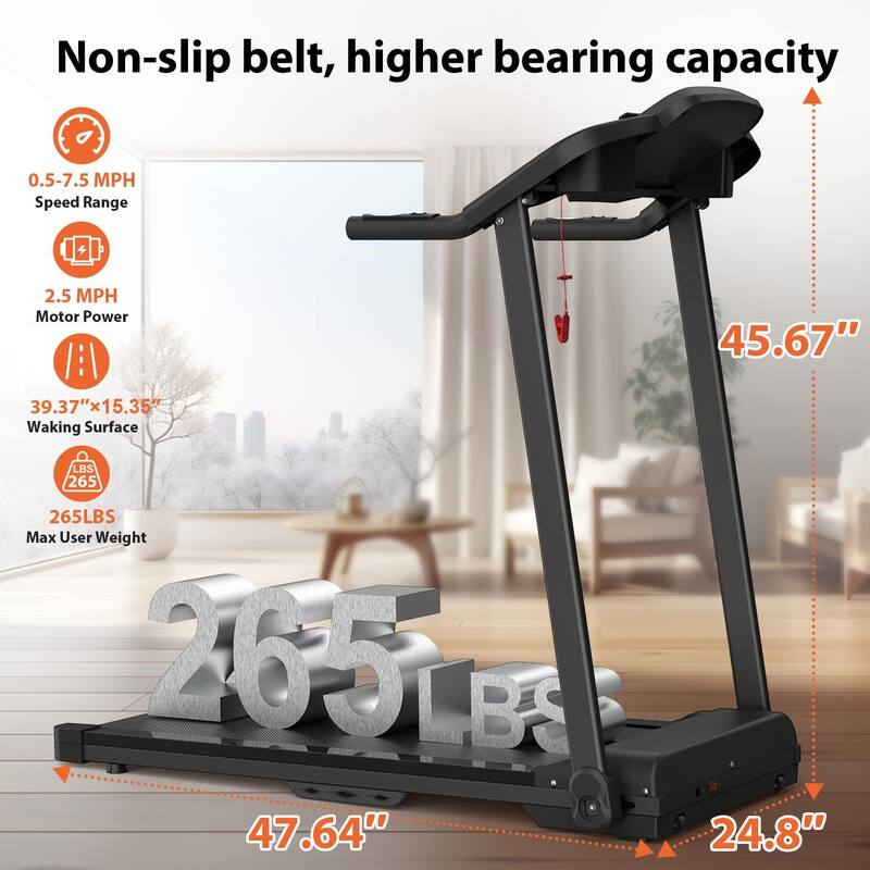 Home Gym Foldable Treadmill, 2.5HP Electric Treadmill, Max 265 LBS Weight Treadmill for Running Walking Jogging