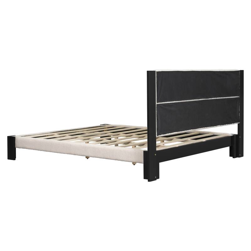 Roomfitters King Boucle Upholstered Bed Frame, Modern Platform Base with Square Tufted Headboard and Slats, Beige and Black