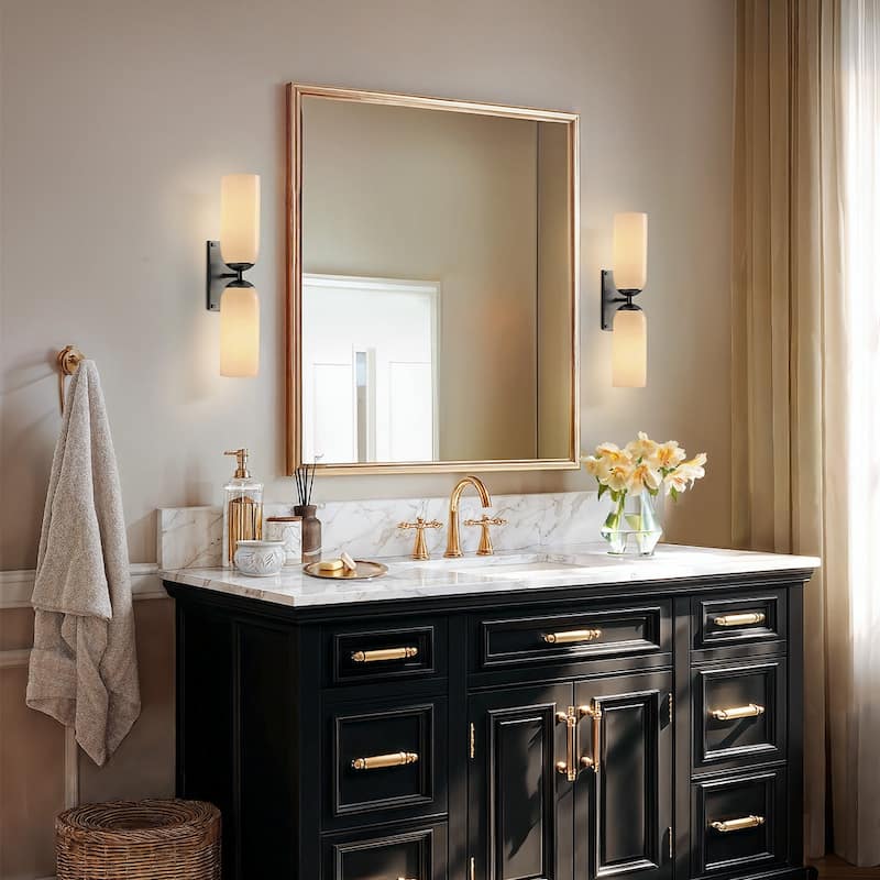 Glass Double Wall Sconce - Metal, Glass Matte Black, Ivory 2-Light Sconce for Bathroom or Entryway in Modern, Mid-Century Style