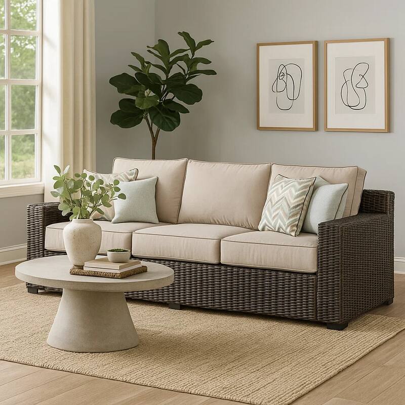 Waga 97 Inch Outdoor Sofa, 4 Throw Pillows, Brown Resin Wicker, Beige