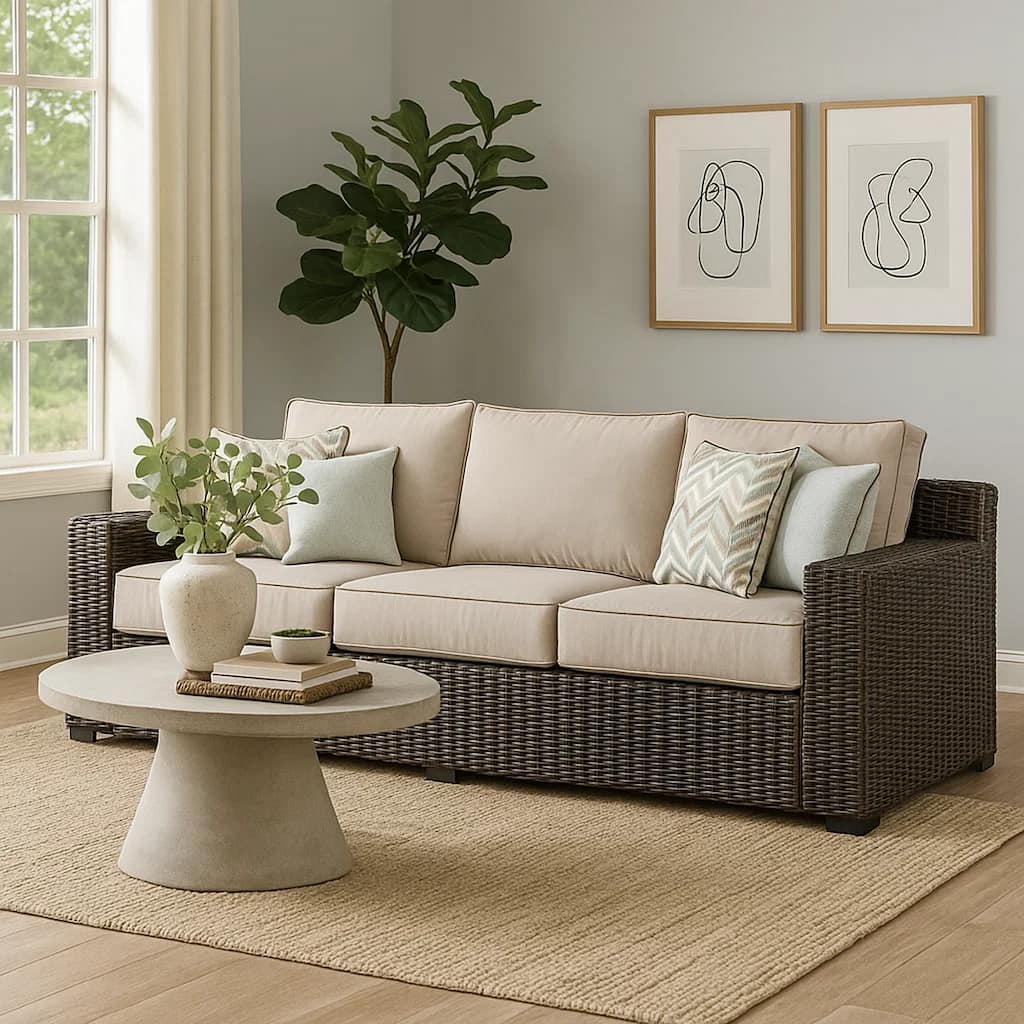 Waga 97 Inch Outdoor Sofa, 4 Throw Pillows, Brown Resin Wicker, Beige