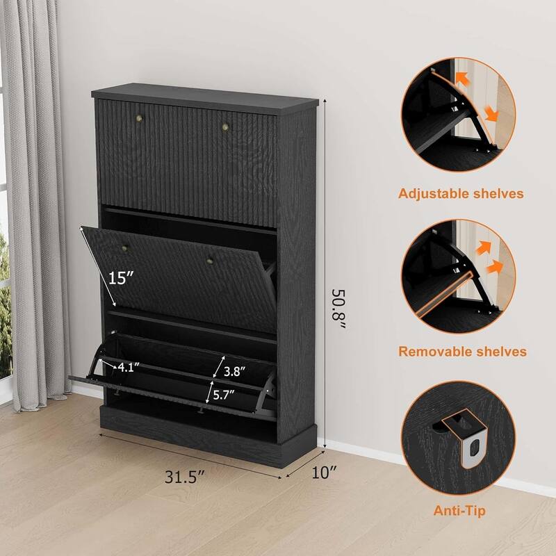 Freestanding Fluted Shoe Cabinet Organizer for Entryway, Hallway, Living Room with 3 Flip Drawers