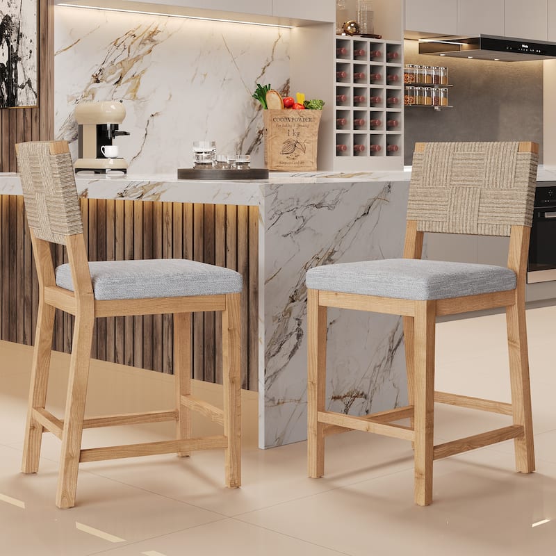 Christopher Knight Home - Amelia Woven Elegance Bar Stool with Rubberwood Frame (Set of 2) - Natural+Gray