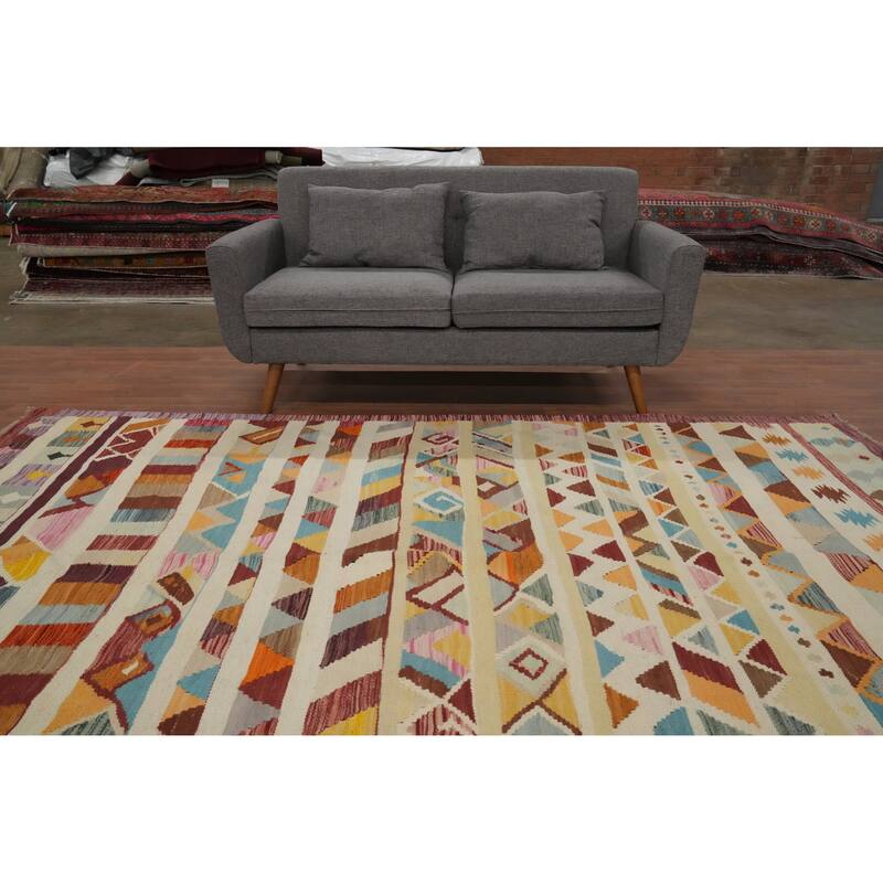 Hand Woven Oriental 100% Wool Carpet Southwestern Tribal Multi-Colored Kilim Area Rug - 9' 8'' X 6' 8''