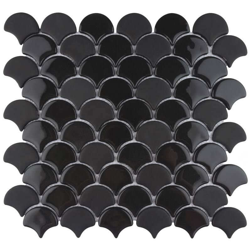 Merola Tile Expressions Scallop Black 11-1/4" x 12" Glass Floor and Wall Tile
