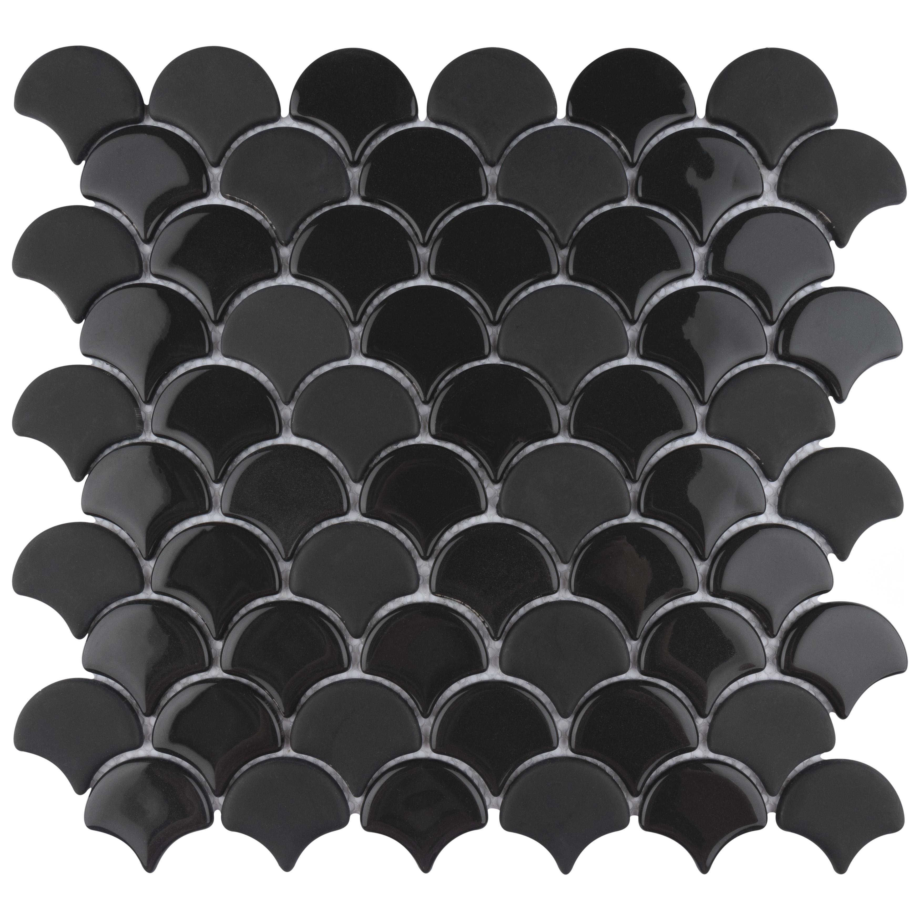 Merola Tile Expressions Scallop Black 11-1/4" x 12" Glass Mosaic Floor and Wall Tile