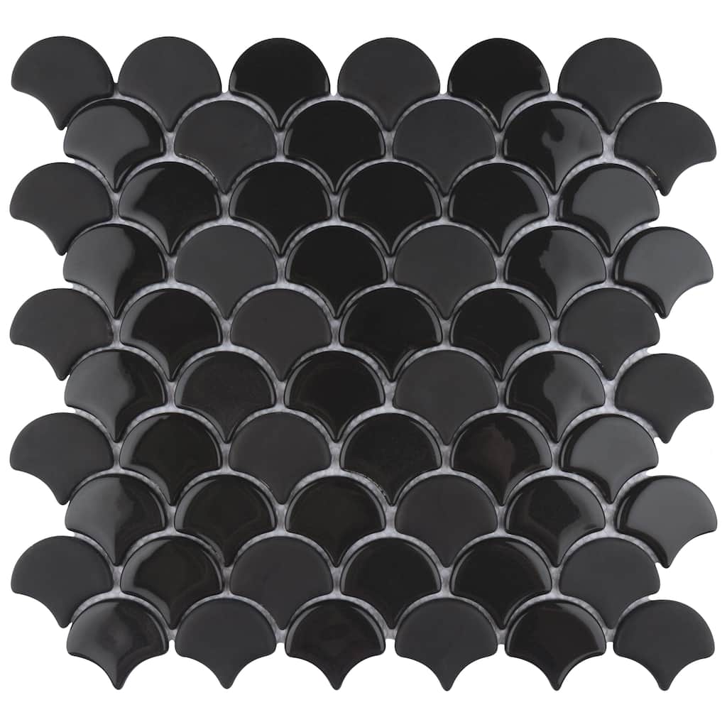 Merola Tile Expressions Scallop Black 11-1/4" x 12" Glass Mosaic Floor and Wall Tile