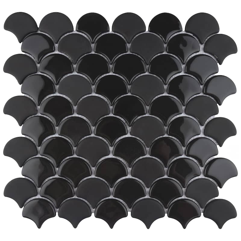 Merola Tile Expressions Scallop Black 11-1/4" x 12" Glass Mosaic Floor and Wall Tile - (1 Tile)