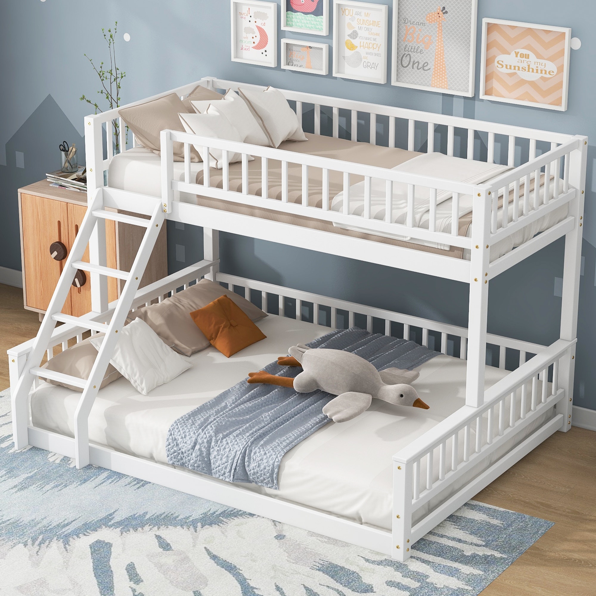 Twin XL over Queen Bunk Bed with Ladder and Guardrails,Minimalist Storage Space Large Bunk Bed