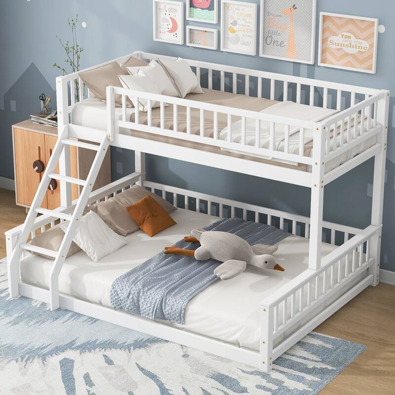 Twin XL over Queen Bunk Bed with Ladder and Guardrails - White