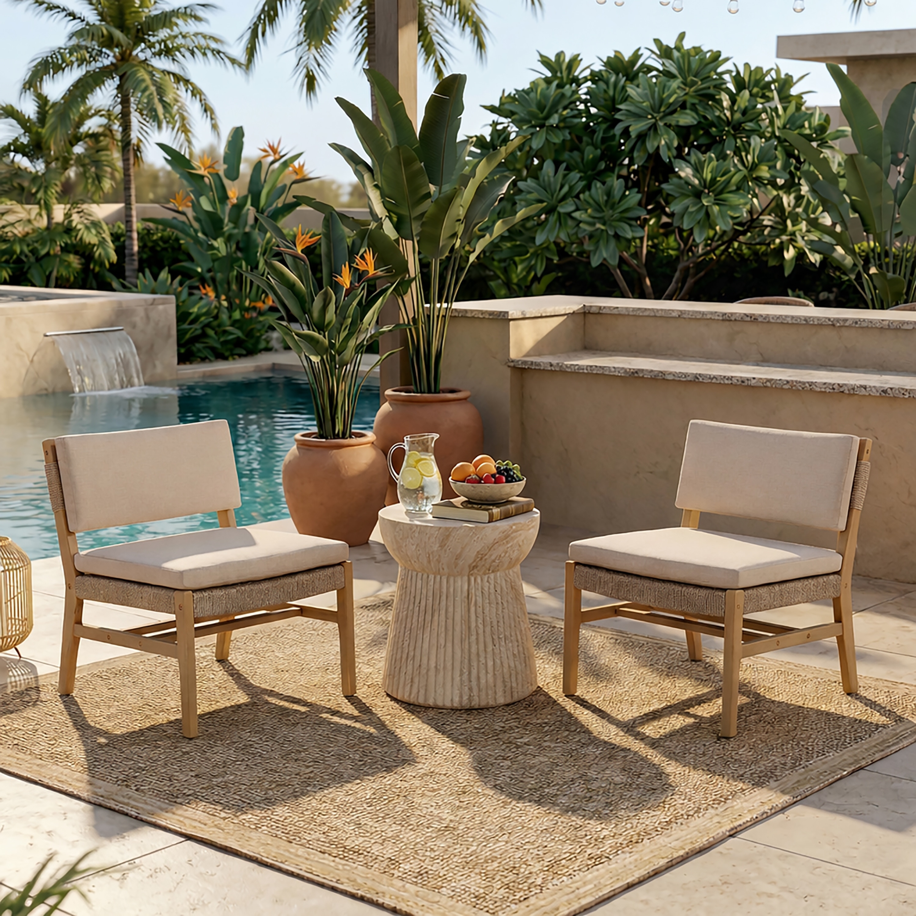 Christopher Knight Home - Set of 2 Outdoor Acacia Wood Lounge Chairs with Woven Rope Frame and Beige Cushions