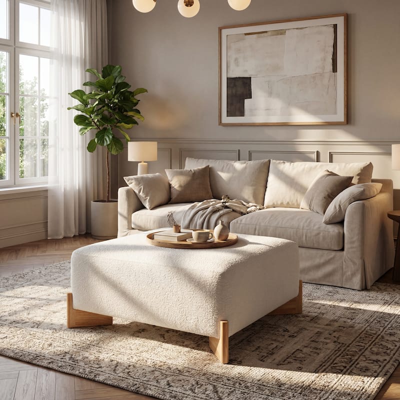 Christopher Knight Home - Arden Modern Upholstered Ottoman with Wooden Legs - Ivory - Boucle