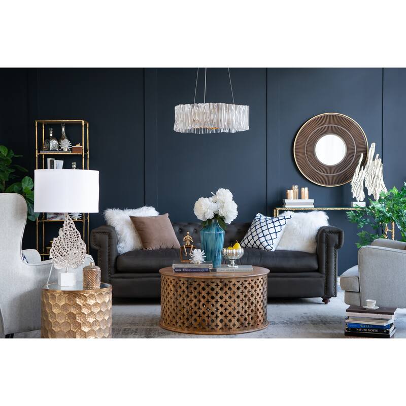 D15x29.3" White and Silver Leaf Table Lamp with Drum Shade and Marble Base (Lamp Shade Assembly Required)