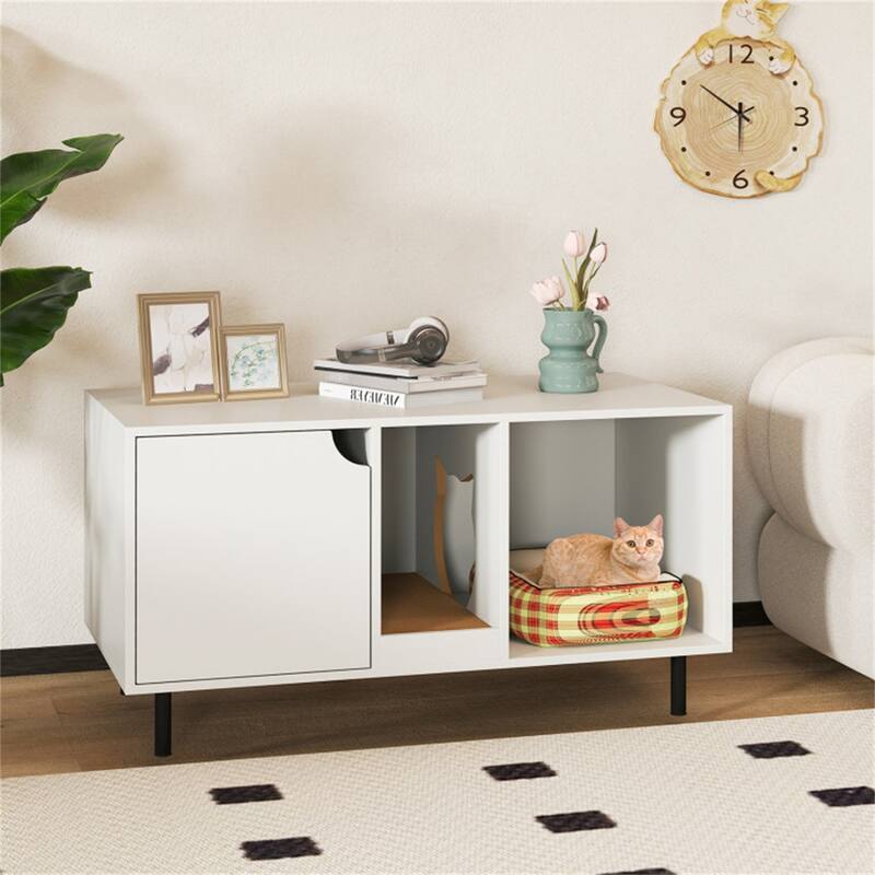 Hidden Cat Litter Box Cabinet With Storage And Scratch Pad - White