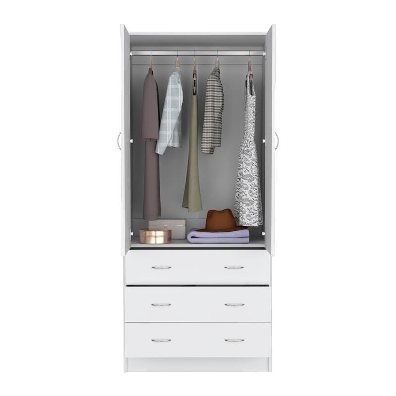 19" Modern Double-door Armoire with Integrated Hanging Rod and Storage Drawers