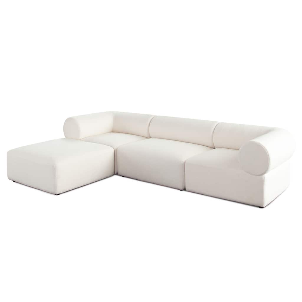 Zey 4pc Modular Sectional Sofa w/ Reversible Chaise Ottoman Set, Ivory Sherpa