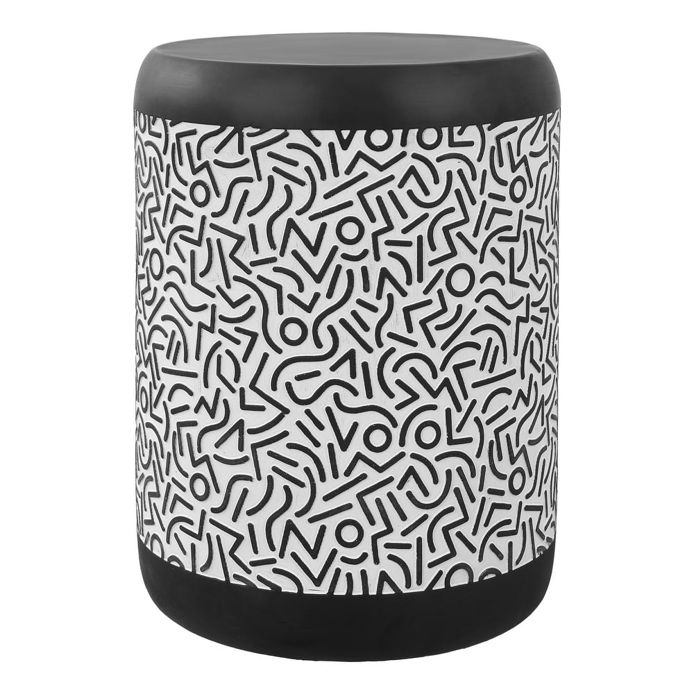 Kiri 17.75" Modern Bohemian Geometric Drum Garden Stool, Black/White, by JONATHAN Y