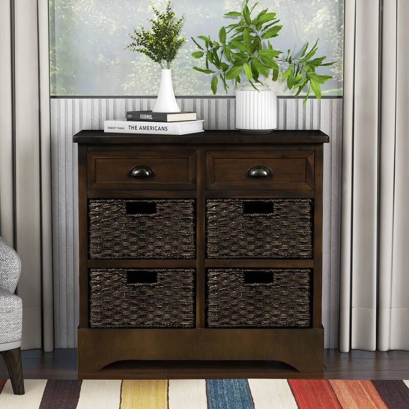Rustic Storage Cabinet with Two Drawers and Four Classic Rattan Basket for Dining Room/Entryway/Living Room - LIGHT GREY